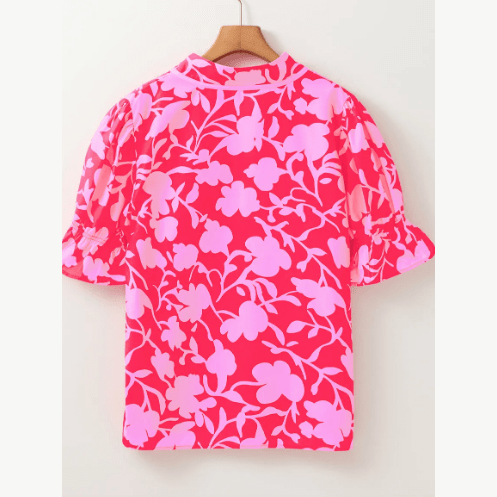 Norabel Floral Split V Neck Ruffled Short Sleeve Blouse Top