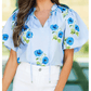 Sophia Sky Blue Floral Print Tie Split Neck Short Puff Sleeve Blouse