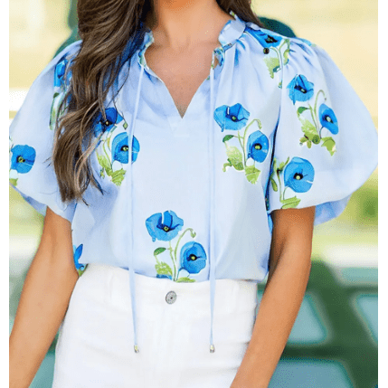Sophia Sky Blue Floral Print Tie Split Neck Short Puff Sleeve Blouse