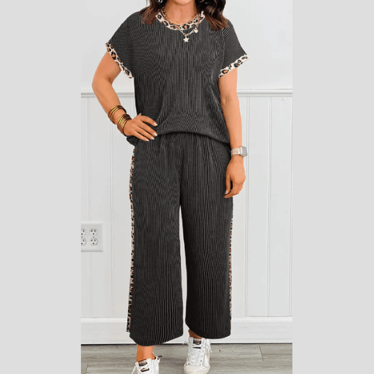 Sabrina Carbon Grey Leopard Patchwork Edge Twisted Rib T Shirt and Cropped Pants Set