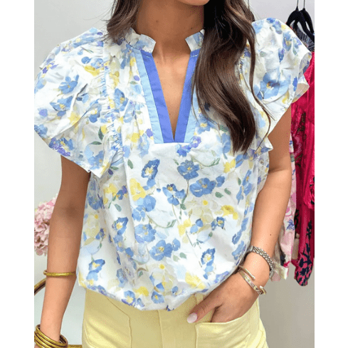 Teagan Sky Blue Floral Print Frilled Notched V Neck Blouse