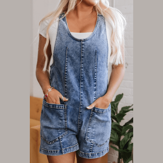 Neatra Dusk Blue Sleeveless U Neck Patched Pocket Denim Romper