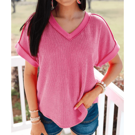 Vivienne Twisted Ribbed Knit V Neck Casual Tee