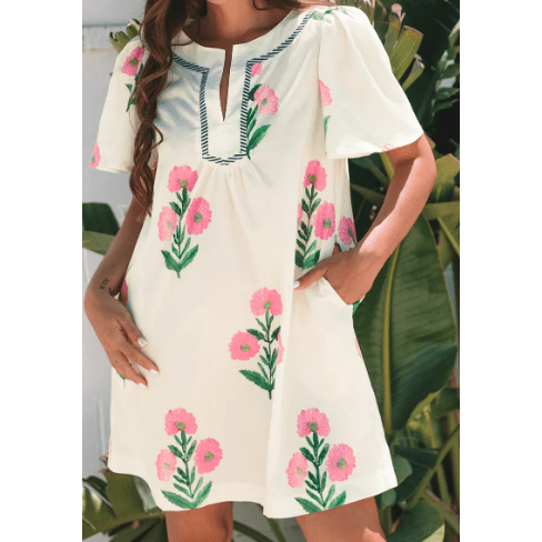 Carlette Apricot Floral Short Sleeve Split Neck Loose Mini Dress