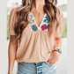 Saundra Pale Chestnut Crochet Floral V Neck Textured Short Sleeve Blouse