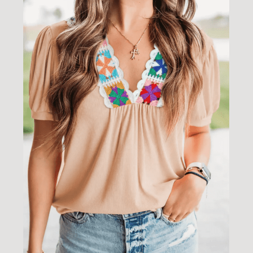 Saundra Pale Chestnut Crochet Floral V Neck Textured Short Sleeve Blouse