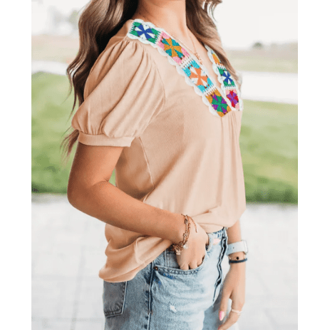 Saundra Pale Chestnut Crochet Floral V Neck Textured Short Sleeve Blouse