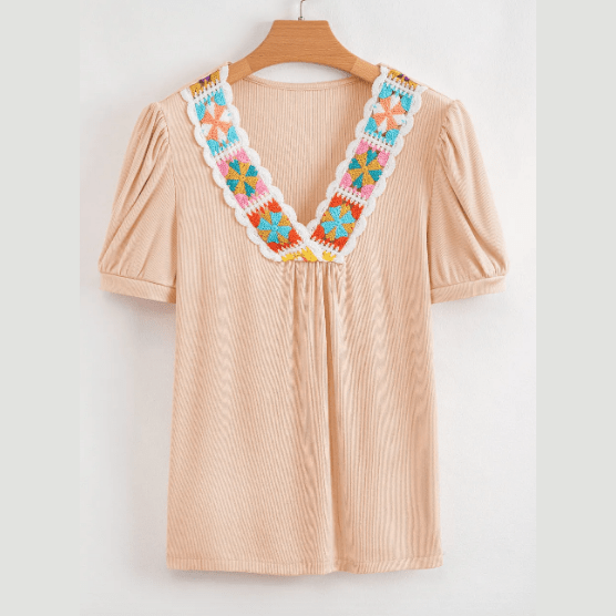 Saundra Pale Chestnut Crochet Floral V Neck Textured Short Sleeve Blouse