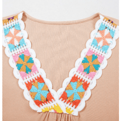 Saundra Pale Chestnut Crochet Floral V Neck Textured Short Sleeve Blouse