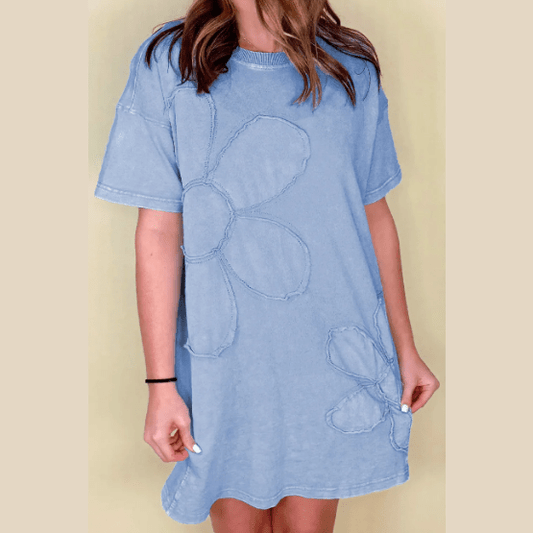Buffy Sky Blue Mineral Wash Flower Patchwork Mini T Shirt Dress