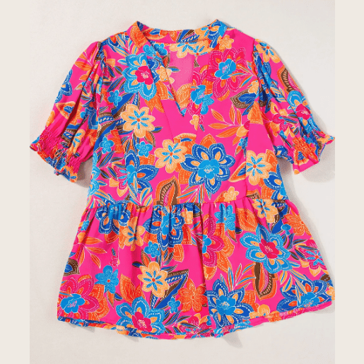 Chancie Floral Print Smocked Puff Sleeve V Neck Blouse