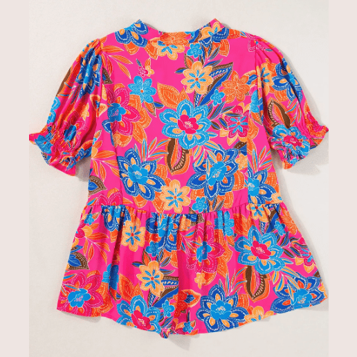 Chancie Floral Print Smocked Puff Sleeve V Neck Blouse