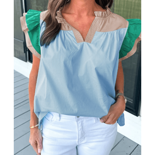 Sofia Blue Colorblock Ruffled Sleeve Frill V Neck Blouse