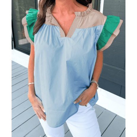 Sofia Blue Colorblock Ruffled Sleeve Frill V Neck Blouse