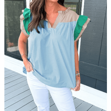 Sofia Blue Colorblock Ruffled Sleeve Frill V Neck Blouse