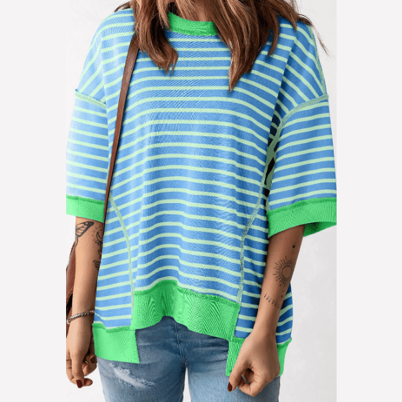 Jayla Sky Blue Stripe Contrast Trim Exposed Seam High Low Stripe T Shirt