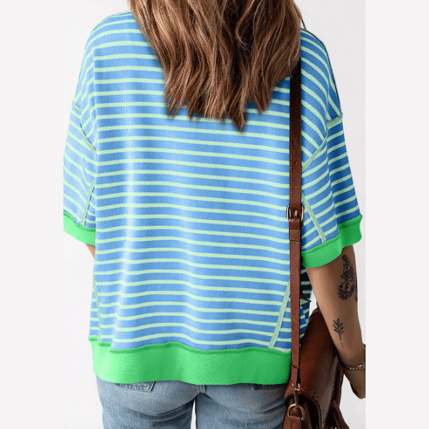 Jayla Sky Blue Stripe Contrast Trim Exposed Seam High Low Stripe T Shirt