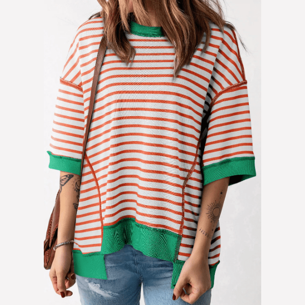 Jayla Orange Stripe Contrast Trim Exposed Seam High Low Stripe T Shirt