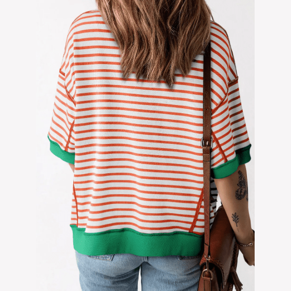 Jayla Orange Stripe Contrast Trim Exposed Seam High Low Stripe T Shirt