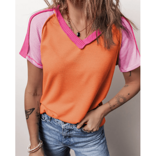 Sooki Orange Exposed Seam Color Block Knitted V Neck T-shirt