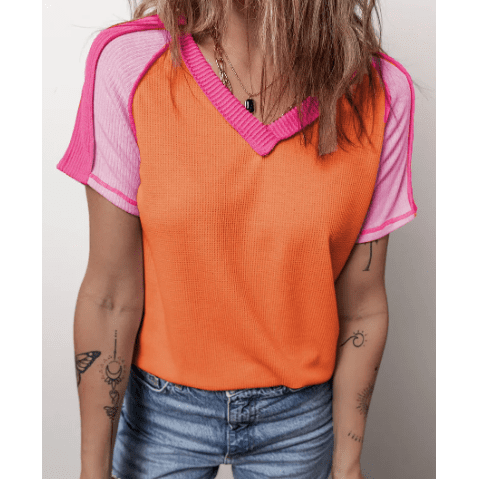 Sooki Orange Exposed Seam Color Block Knitted V Neck T-shirt