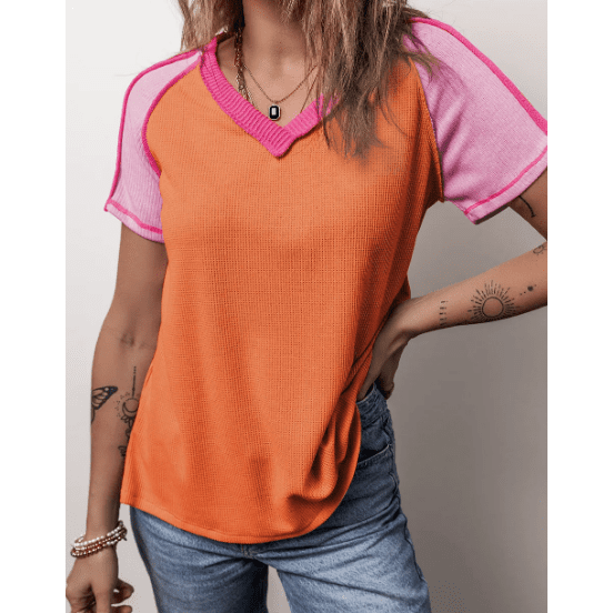 Sooki Orange Exposed Seam Color Block Knitted V Neck T-shirt