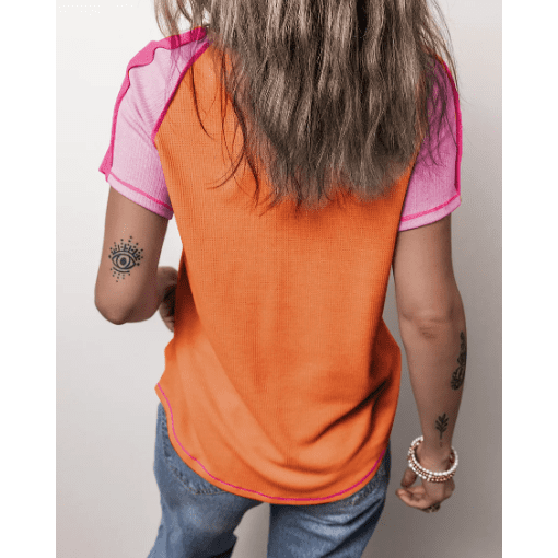 Sooki Orange Exposed Seam Color Block Knitted V Neck T-shirt