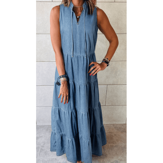 Keva Light Blue Sleeveless Tiered Chambray Maxi Dress