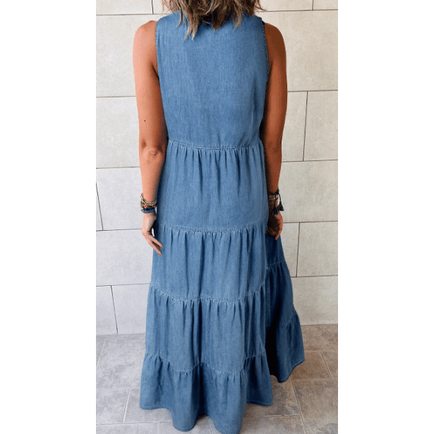 Keva Light Blue Sleeveless Tiered Chambray Maxi Dress