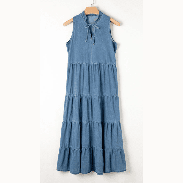 Keva Light Blue Sleeveless Tiered Chambray Maxi Dress