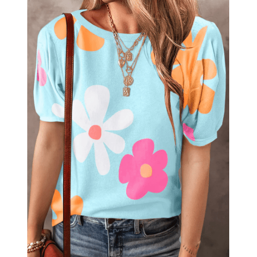 Mikki Sky Blue Flower Print Bubble Sleeve Tee