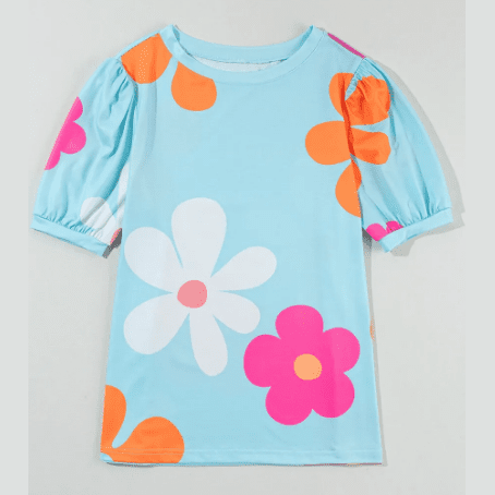 Mikki Sky Blue Flower Print Bubble Sleeve Tee