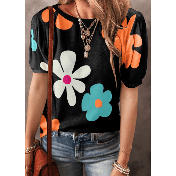 Mikki Black Flower Print Bubble Sleeve Tee