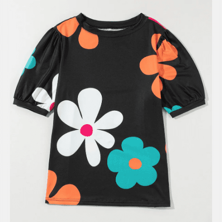 Mikki Black Flower Print Bubble Sleeve Tee