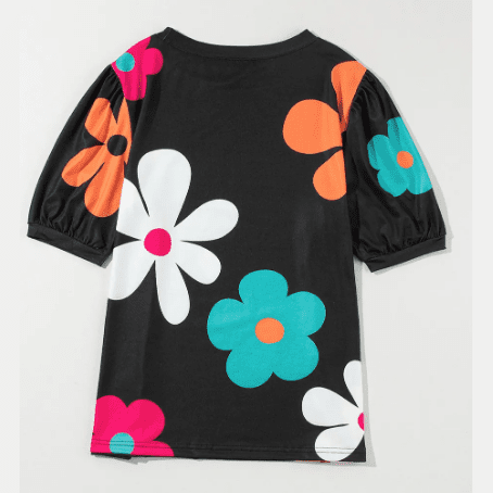 Mikki Black Flower Print Bubble Sleeve Tee