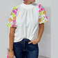 REDUCED!!!  Claudette White Smocked Collar Sequin Flower Puff Sleeve Textured Top  REDUCED!!!