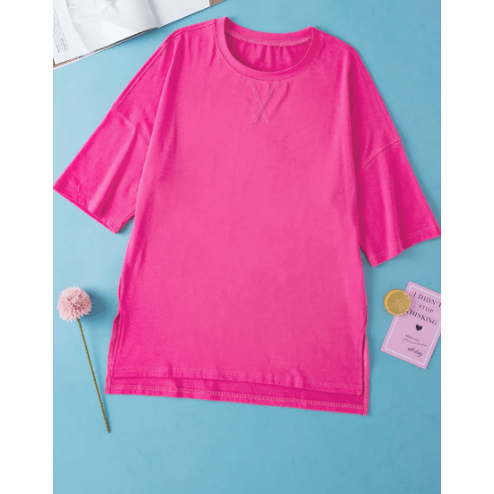 Mary Kate Hot Pink Longline Short Sleeve Side Slit Drop Shoulder Top