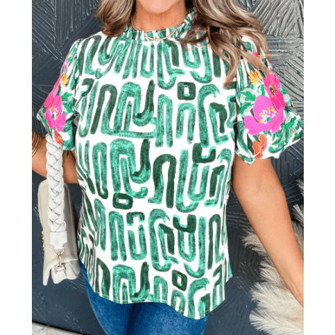 Lex Green Embroidered Puff Sleeve Frilled Neck Printed Top