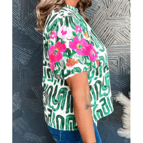 Lex Green Embroidered Puff Sleeve Frilled Neck Printed Top