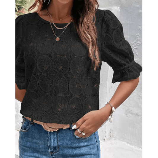 Livy Black Flower Eyelet Jacquard Keyhole Flounce Sleeve Top