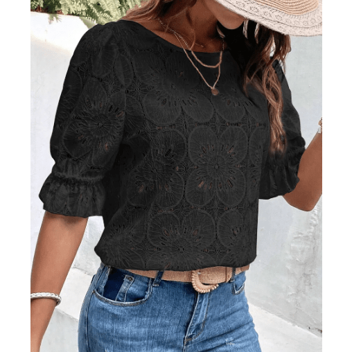 Livy Black Flower Eyelet Jacquard Keyhole Flounce Sleeve Top