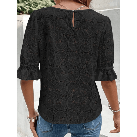 Livy Black Flower Eyelet Jacquard Keyhole Flounce Sleeve Top