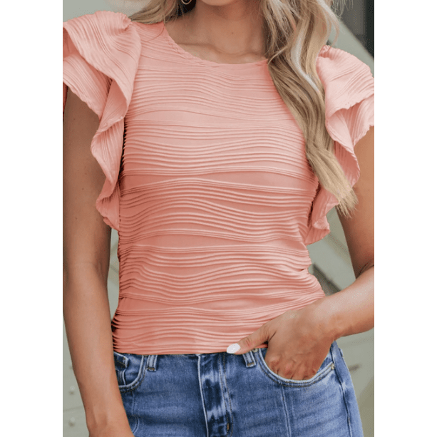 Donetta Pink Wavy Textured Ruffle Sleeve Top