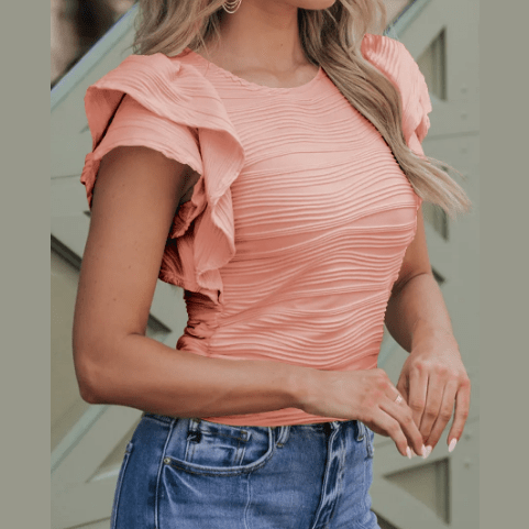 Donetta Pink Wavy Textured Ruffle Sleeve Top