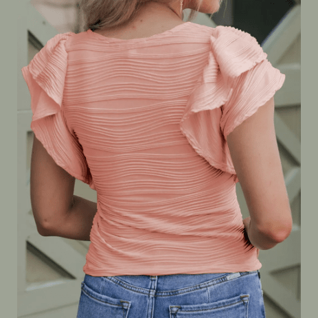 Donetta Pink Wavy Textured Ruffle Sleeve Top