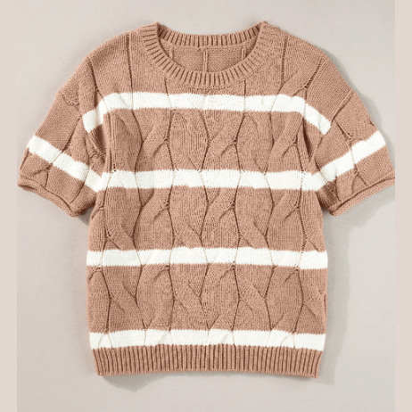 Amaya Dark Khaki Striped Cable Short Sleeve Sweater