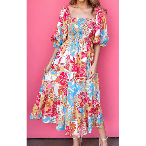 Jo Tropical Print Smocked Bodice Puff Sleeve Maxi Dress