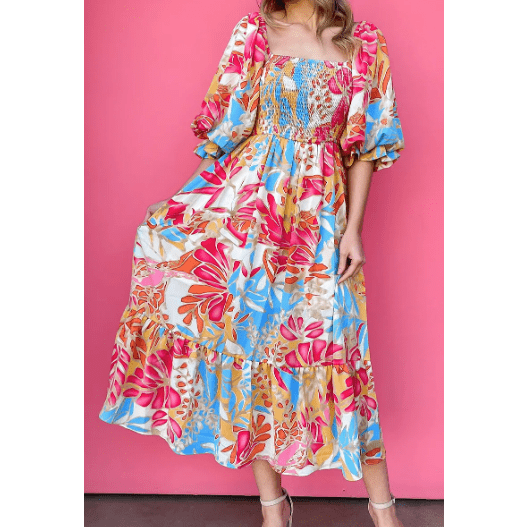 Jo Tropical Print Smocked Bodice Puff Sleeve Maxi Dress