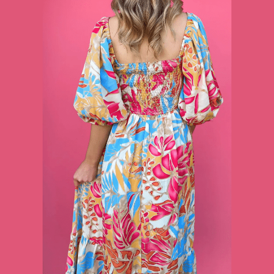 Jo Tropical Print Smocked Bodice Puff Sleeve Maxi Dress