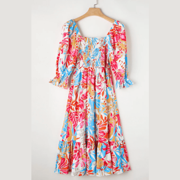 Jo Tropical Print Smocked Bodice Puff Sleeve Maxi Dress